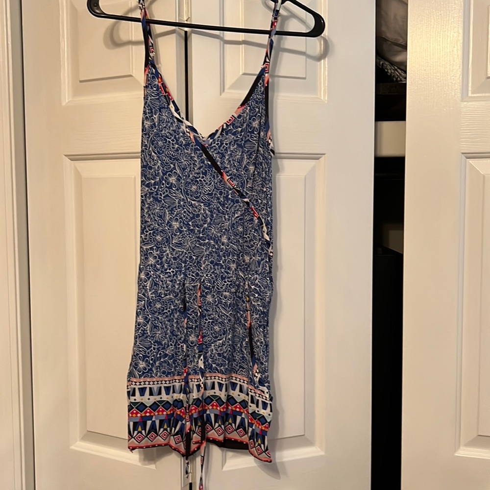 French connection blue and white floral romper with geometric detail on shorts